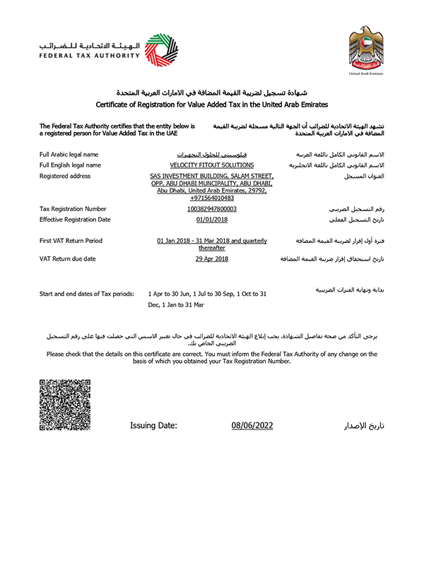  Velocity Certificate of Registration